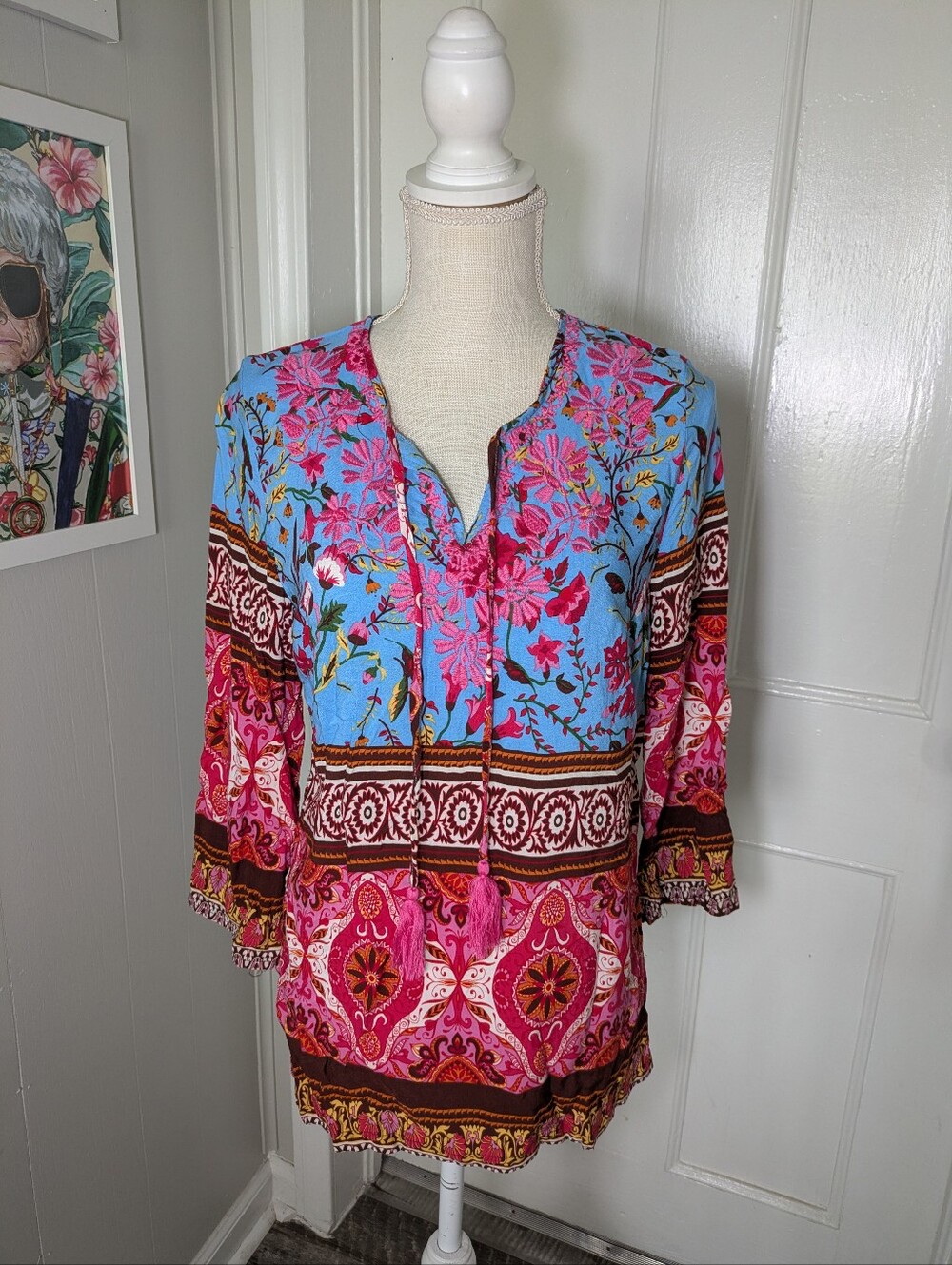 ANTHROPOLOGIE AZIZA EMBROIDERED BOHO BLOUSE Hippie Festival Gypsy Colorful M